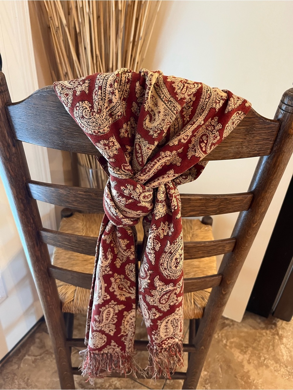 Vintage TOOKE Paisley Pashmina Scarf Reversible Burgundy Hand Blocked England